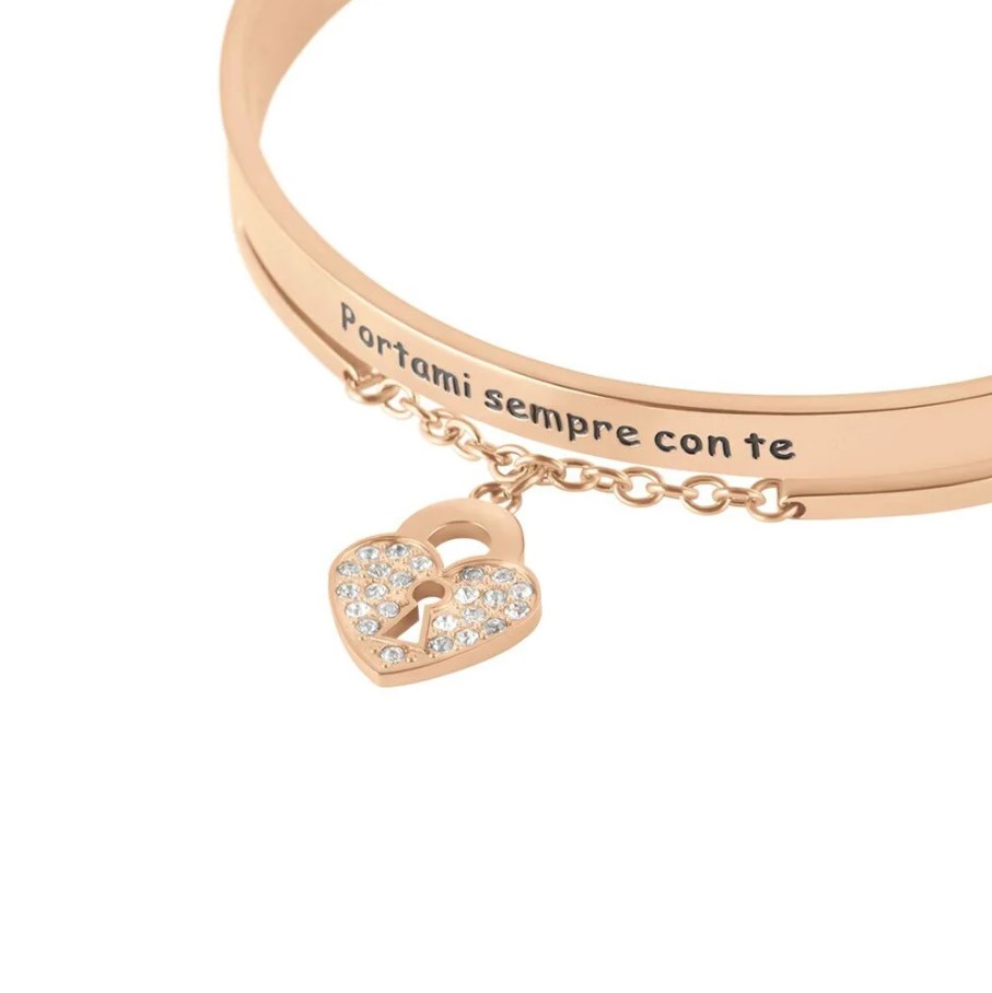 Bracciale donna Stroili bangle lady message acciaio rosato lucchetto e cristalli 1675531