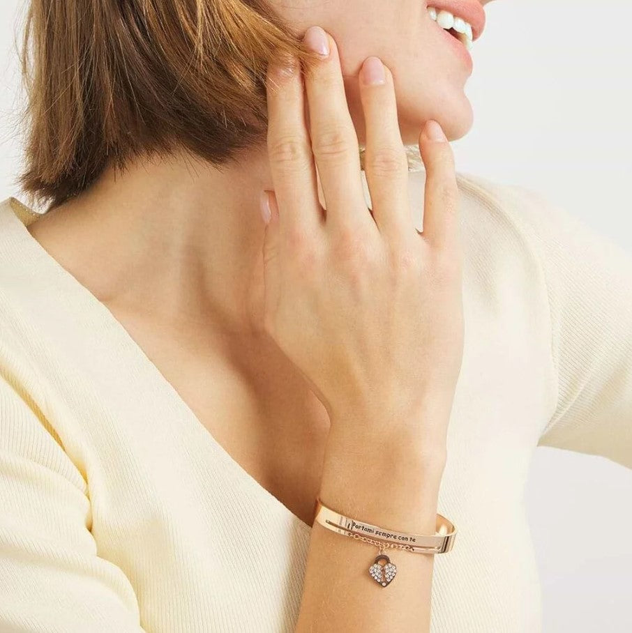 Bracciale donna Stroili bangle lady message acciaio rosato lucchetto e cristalli 1675531