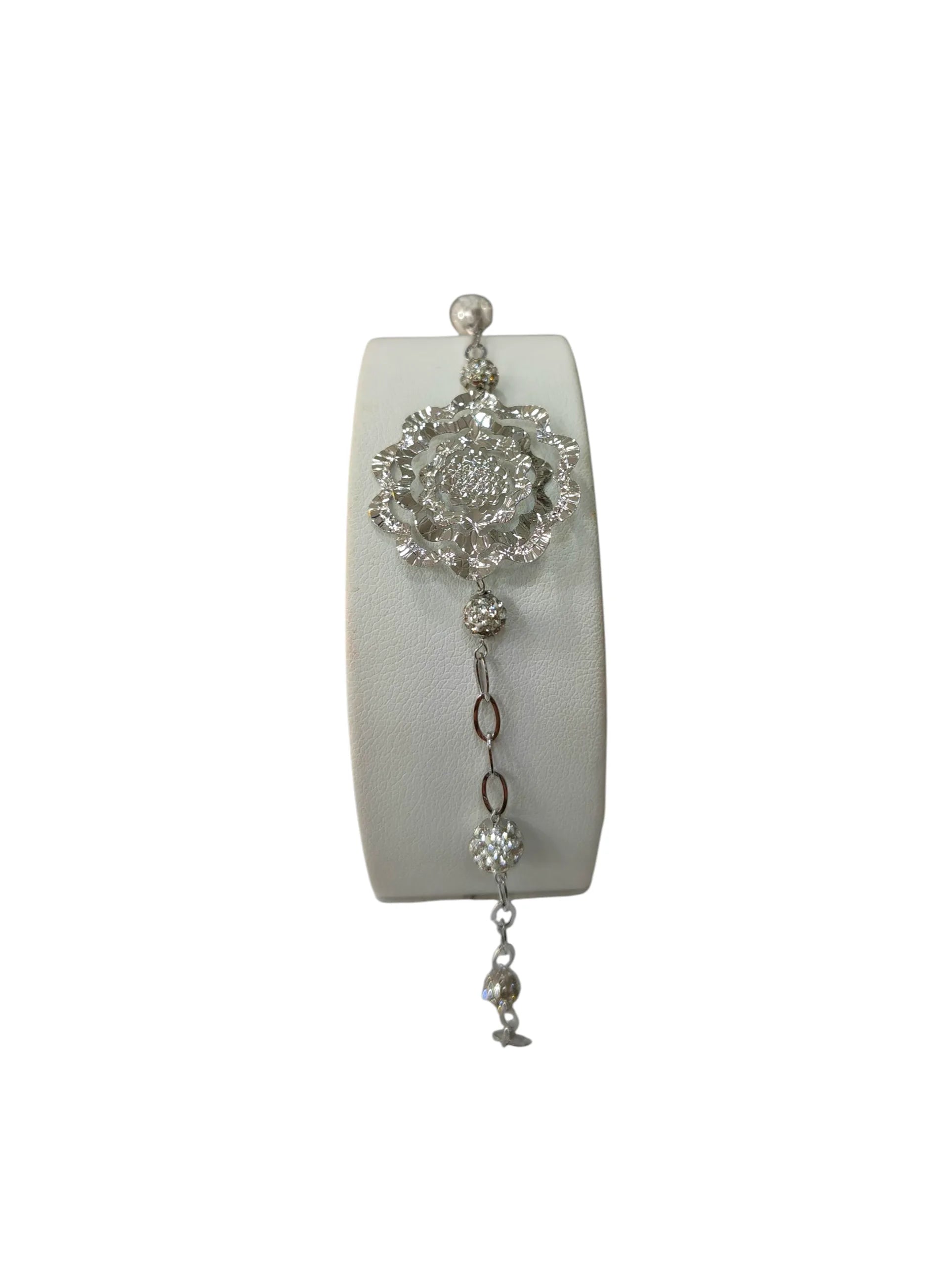 Bracciale donna lavorato in oro bianco con fiore centrale