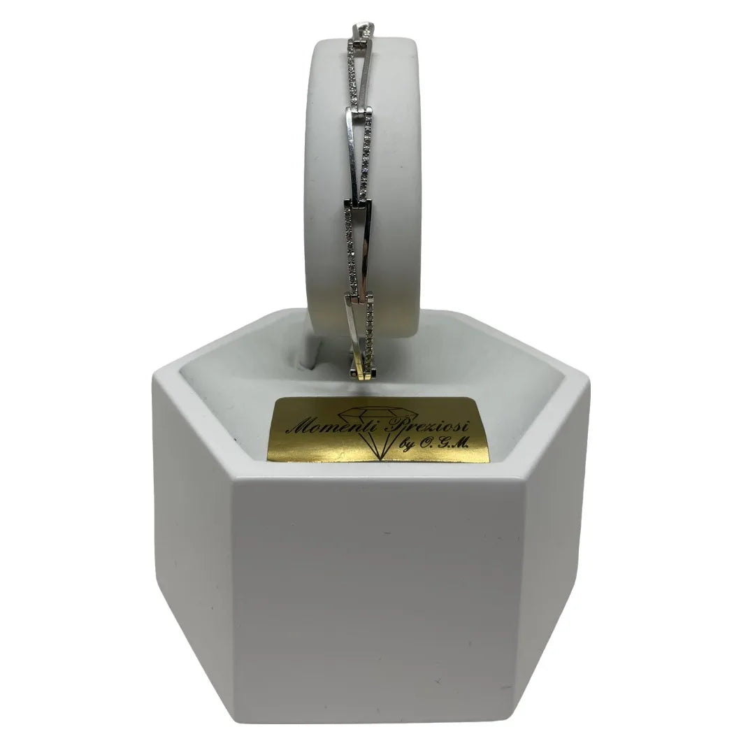 Bracciale in Oro Bianco 750 18 KT con Design Geometrico e Zirconi Brillanti