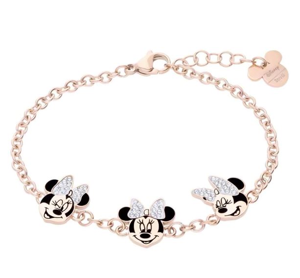 Armband aus roséfarbenem Edelstahl mit 3 Minnie-Anhängern und Strasssteinen 1672044