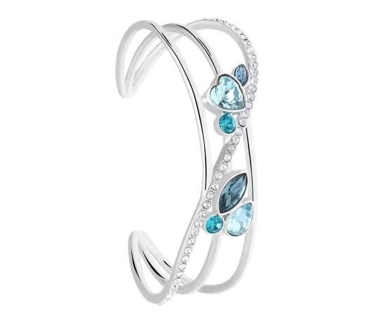Bracciale rigido largo in metallo rodiato con cuore pietre azzurre e strass 1668609