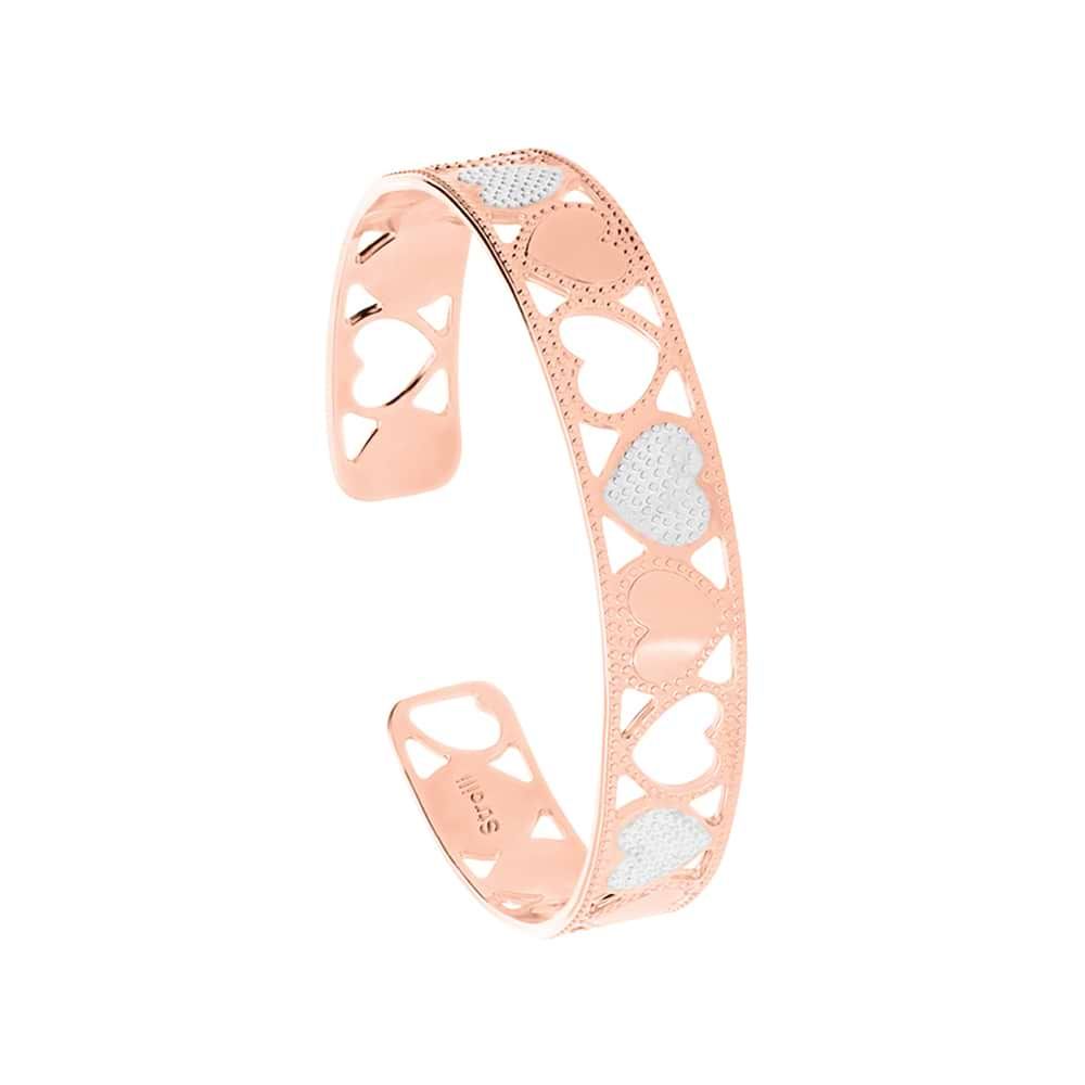 Bracciale rigido small in bronzo rosato con cuori bicolore