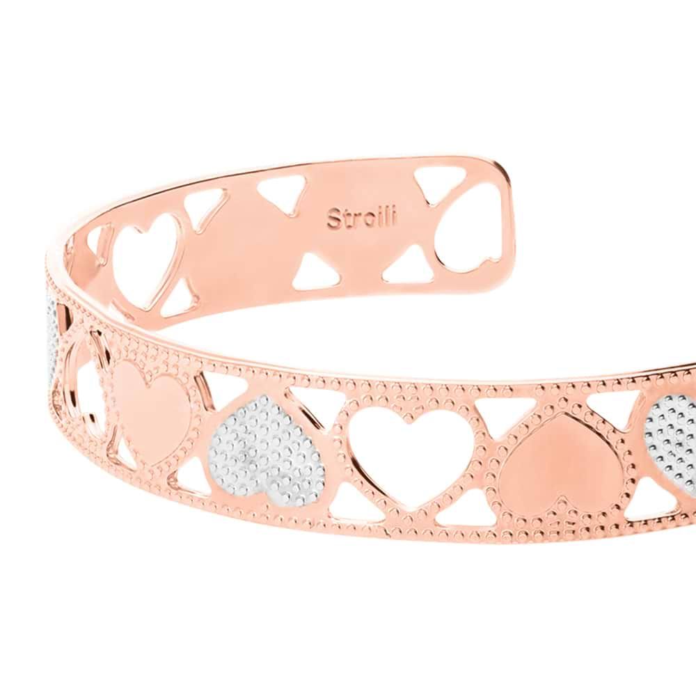 Bracciale rigido small in bronzo rosato con cuori bicolore
