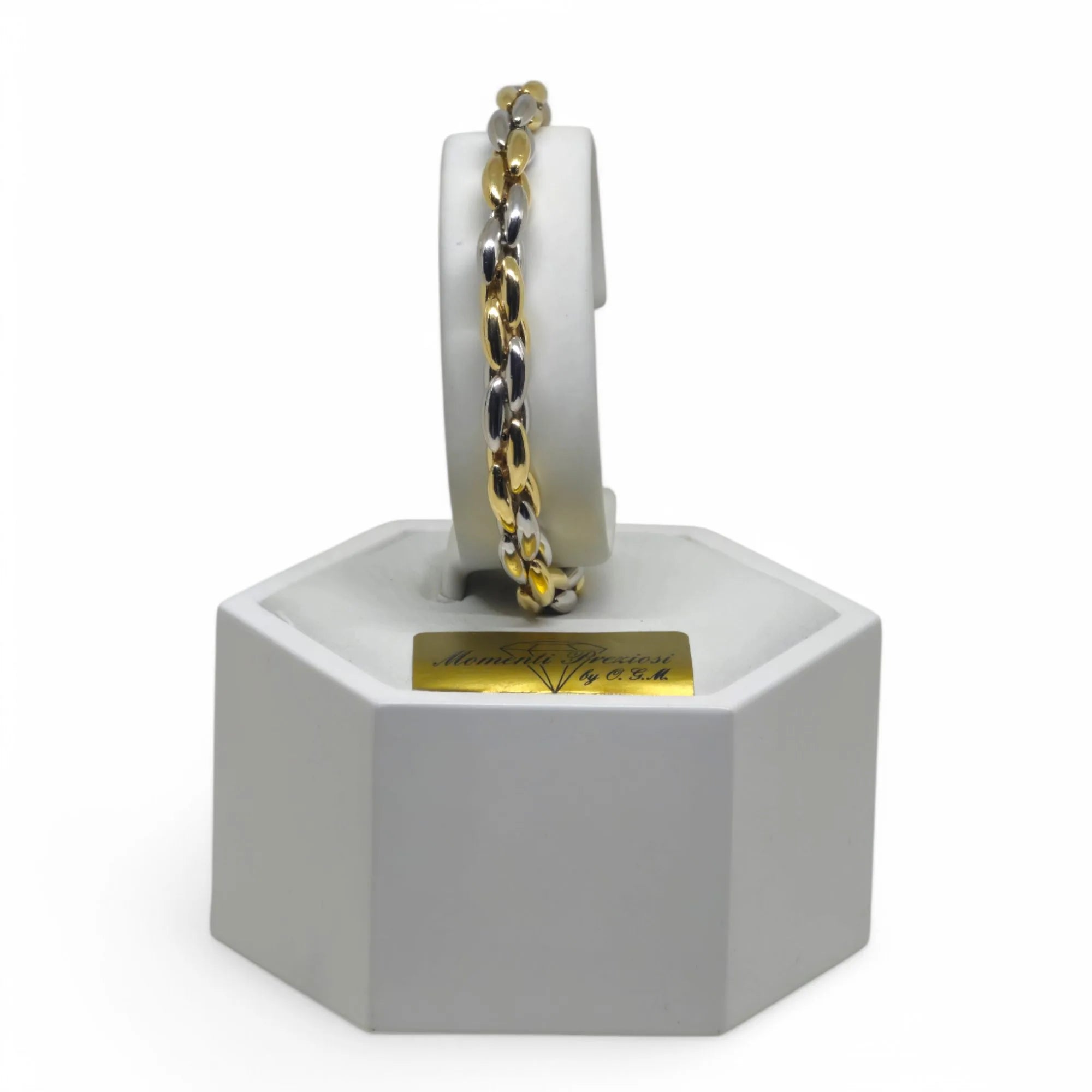 Bracciale uomo con maglia a spiga bicolore in oro 18 carati