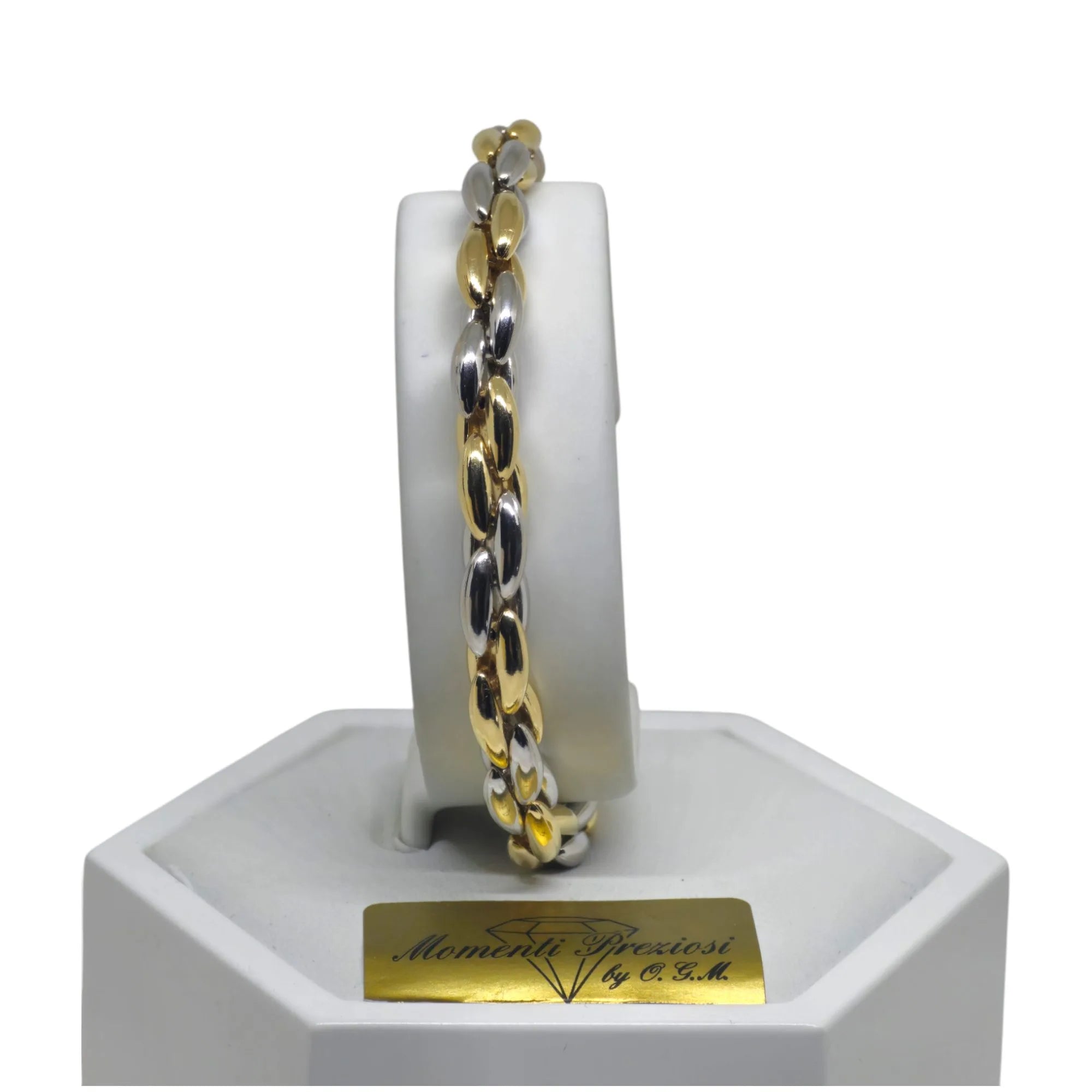 Bracciale uomo con maglia a spiga bicolore in oro 18 carati