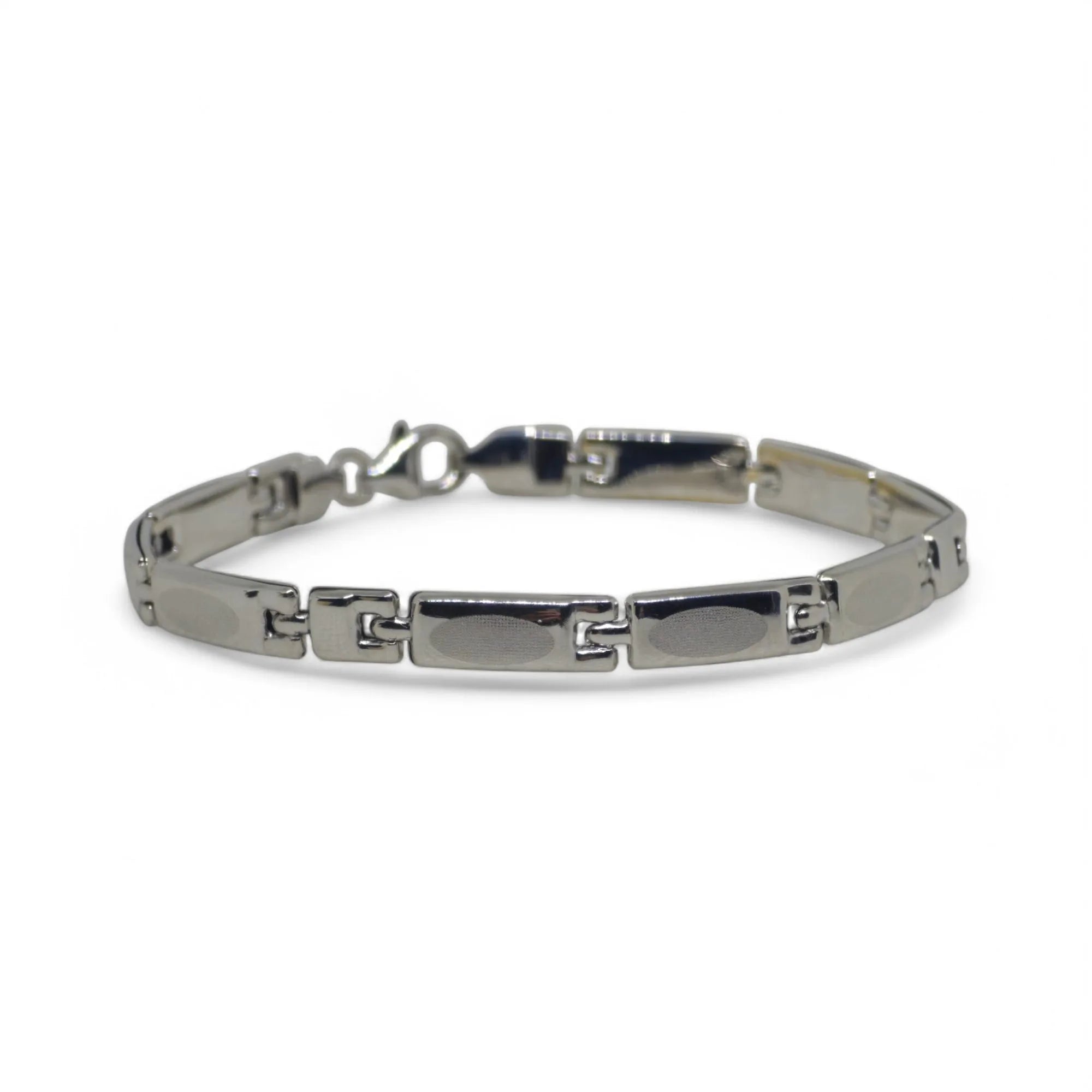 Bracciale uomo con maglia rettangolare lavorata in oro bianco 750
