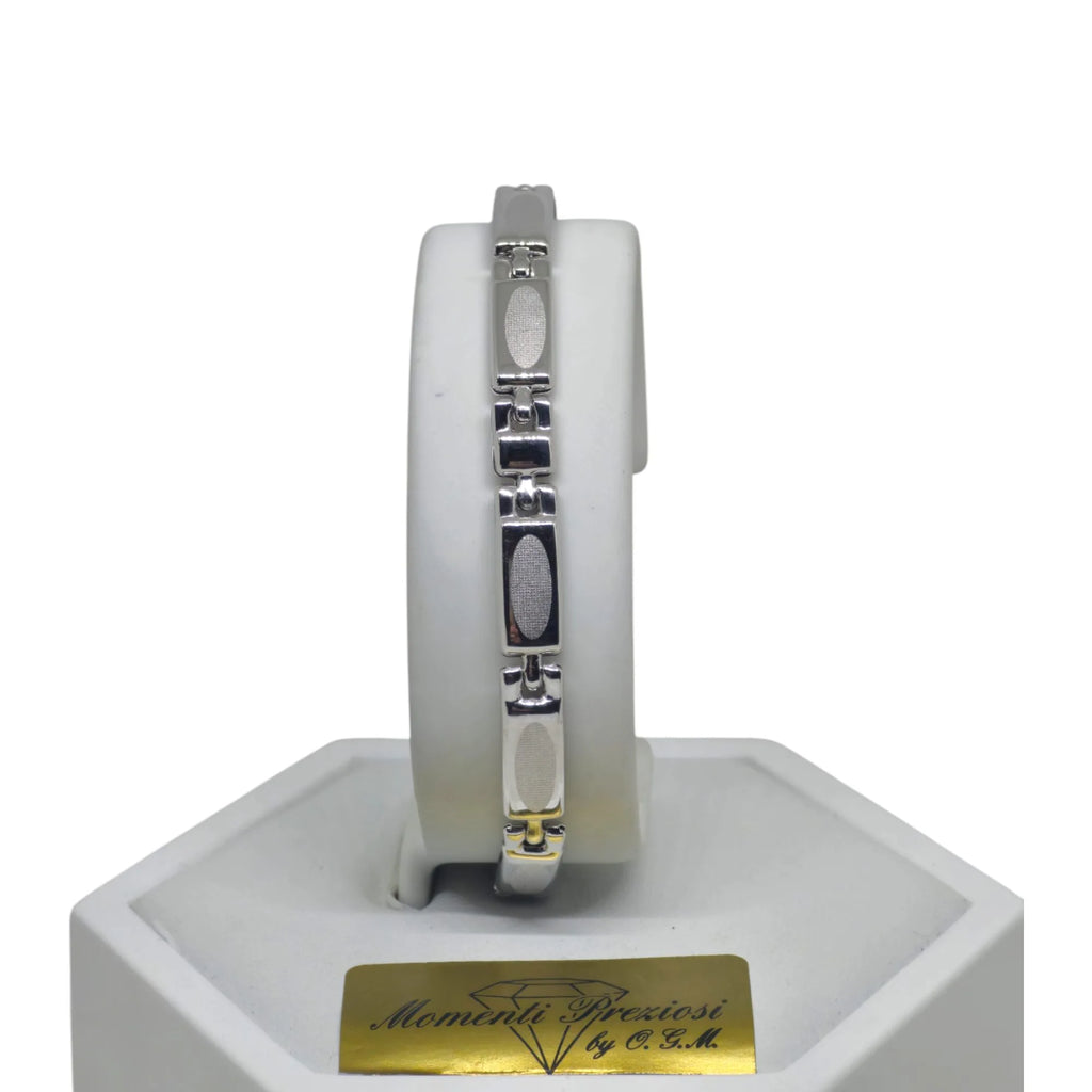 Bracciale uomo con maglia rettangolare lavorata in oro bianco 750