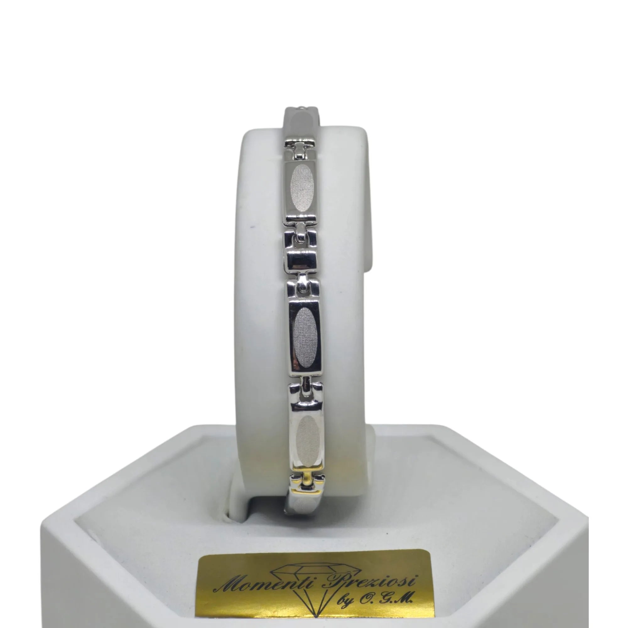 Bracciale uomo con maglia rettangolare lavorata in oro bianco 750
