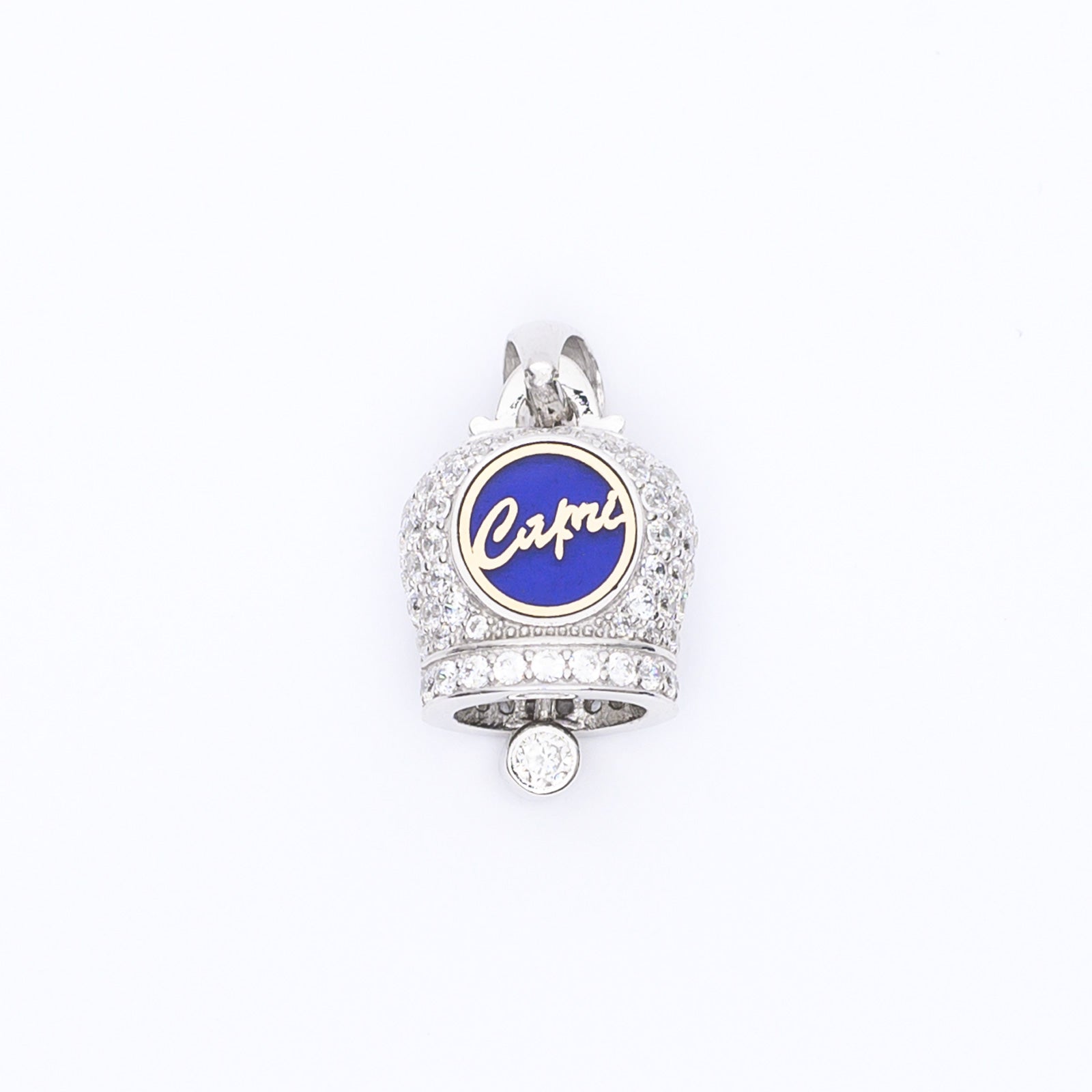 Glücksglöckchen-Anhänger mit Zirkonia und blau emaillierter Plakette Anhänger aus 925er Silber und Zirkonia