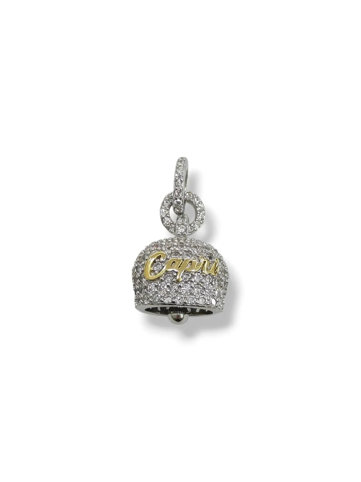 Ciondolo campanella stile Capri in argento con scritta e zirconi bianchi