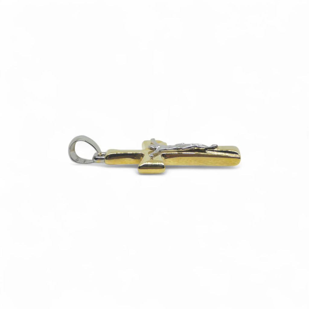 Ciondolo croce classica in oro 18 kt bicolore con cristo