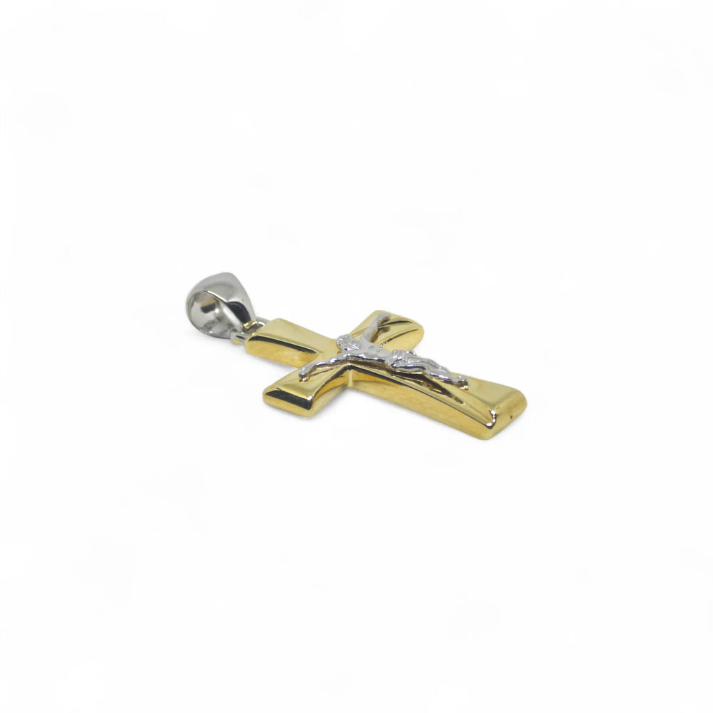 Ciondolo croce classica in oro 18 kt bicolore con cristo