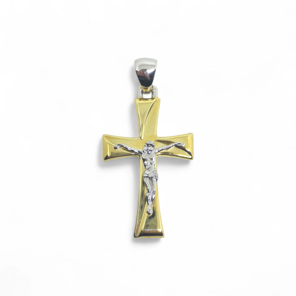 Ciondolo croce classica in oro 18 kt bicolore con cristo