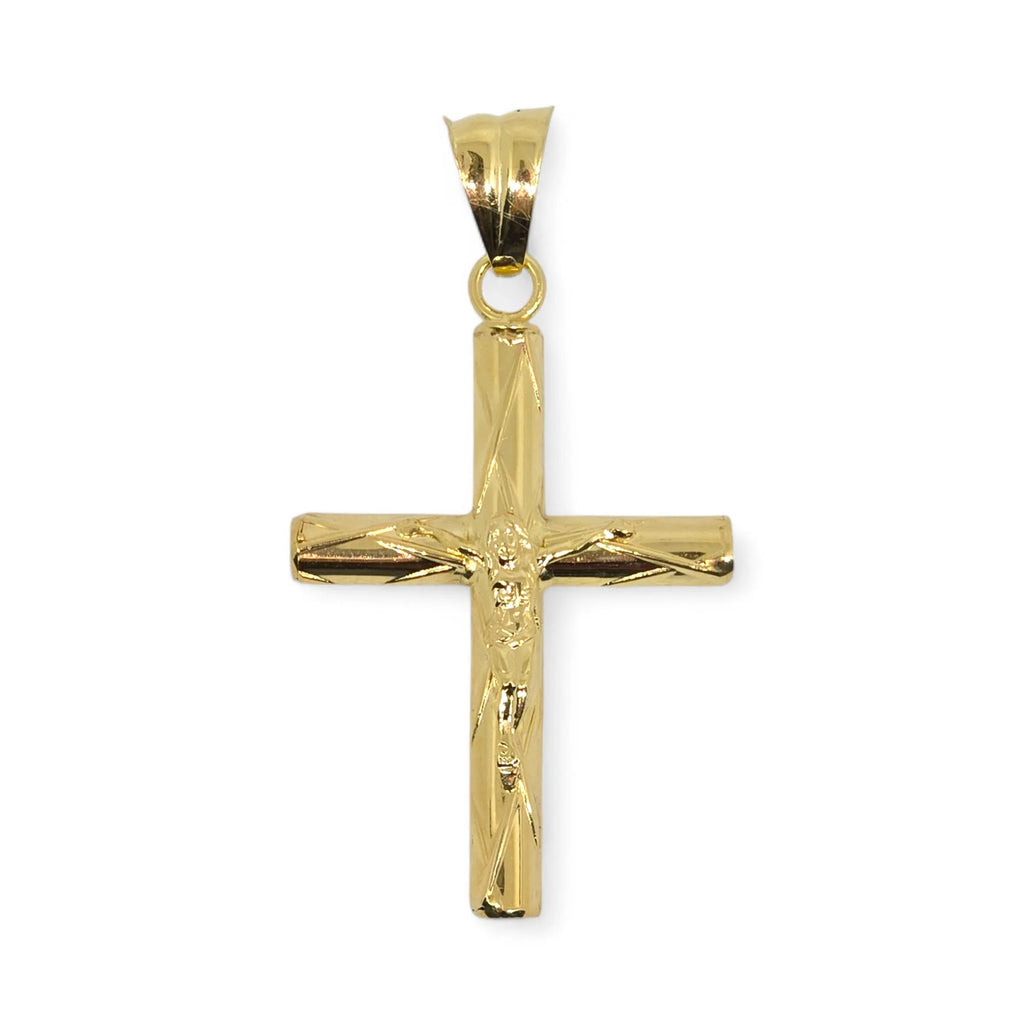 Ciondolo croce con cristo a rilievo lavorata in oro giallo 18 kt