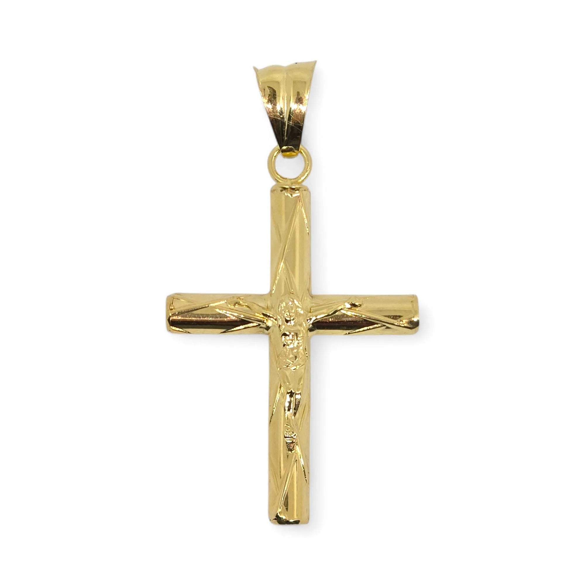 Ciondolo croce con cristo a rilievo lavorata in oro giallo 18 kt