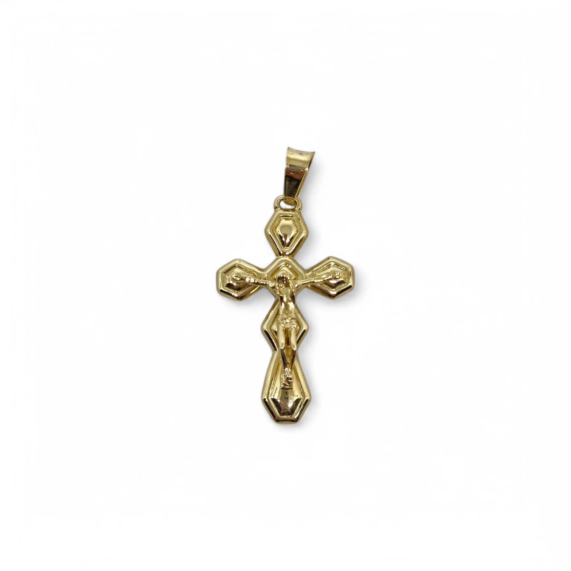 Ciondolo croce con cristo a rilievo lavorata in oro giallo 18 kt