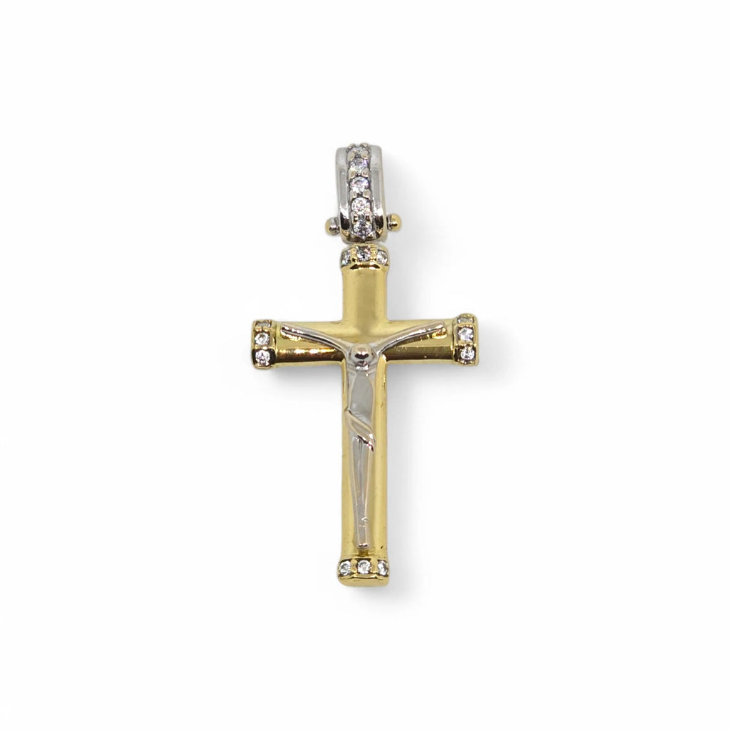 Ciondolo croce scatolata con cristo in oro giallo e bianco 18 kt