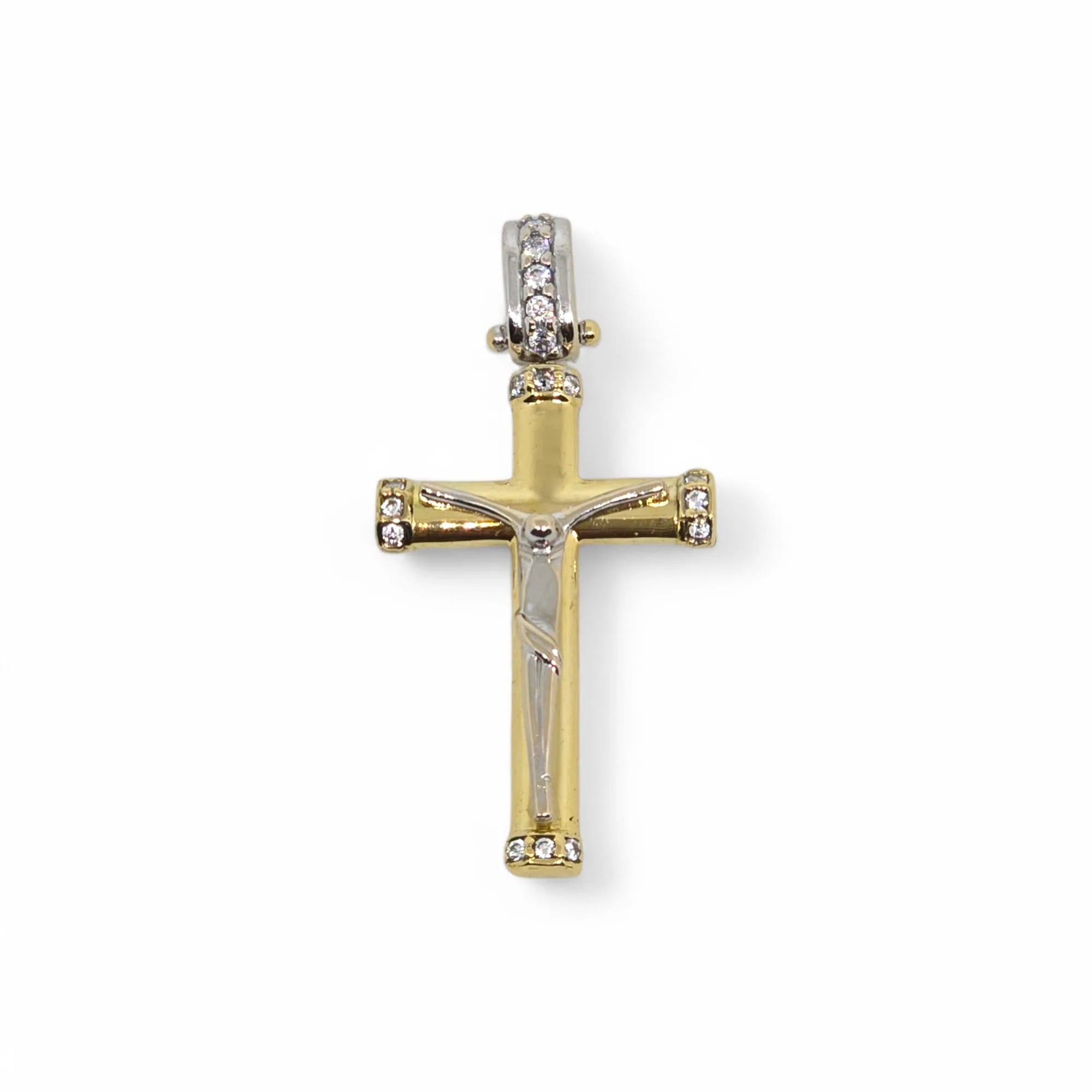 Ciondolo croce scatolata con cristo in oro giallo e bianco 18 kt