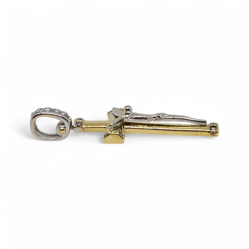 Ciondolo croce scatolata con cristo in oro giallo e bianco 18 kt