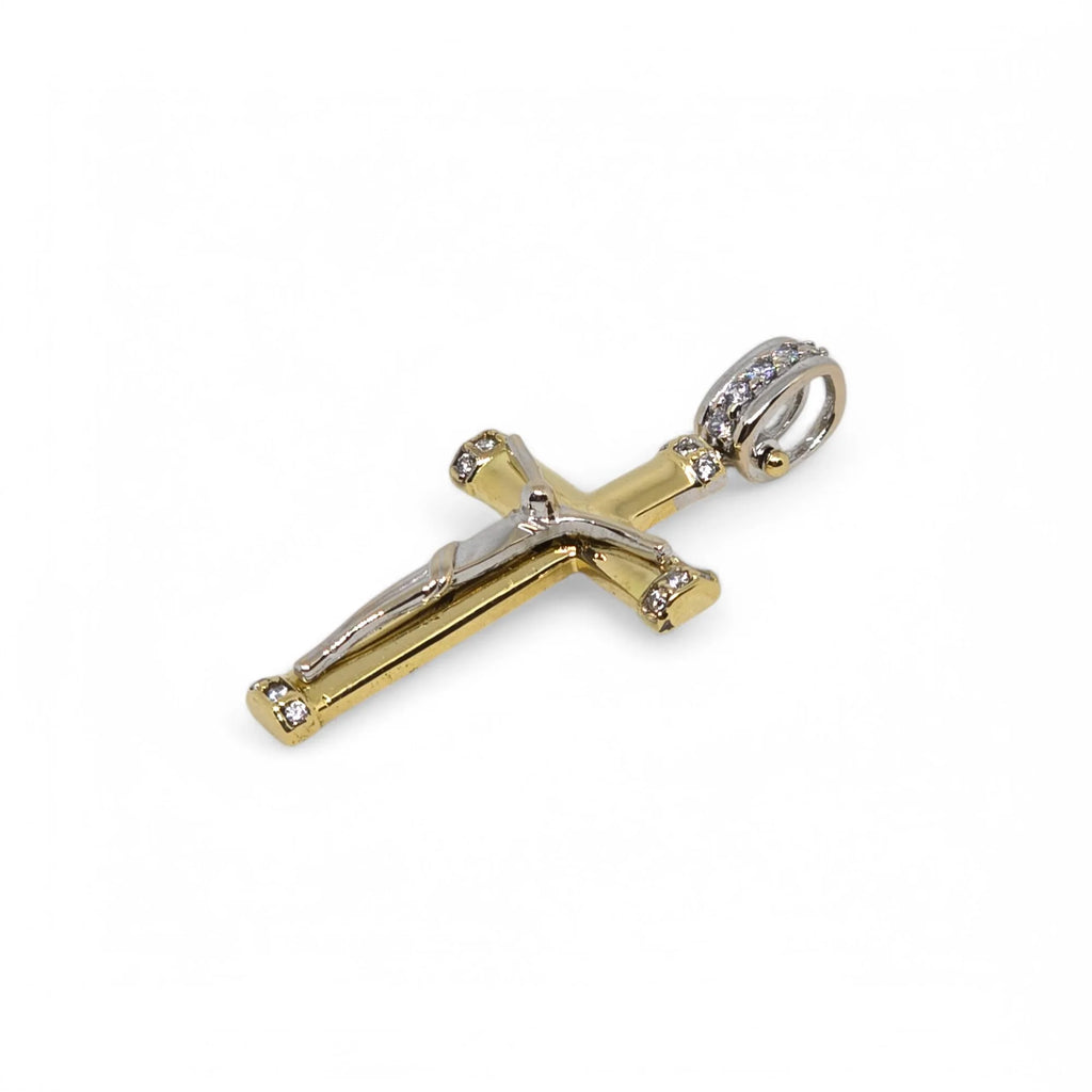 Ciondolo croce scatolata con cristo in oro giallo e bianco 18 kt