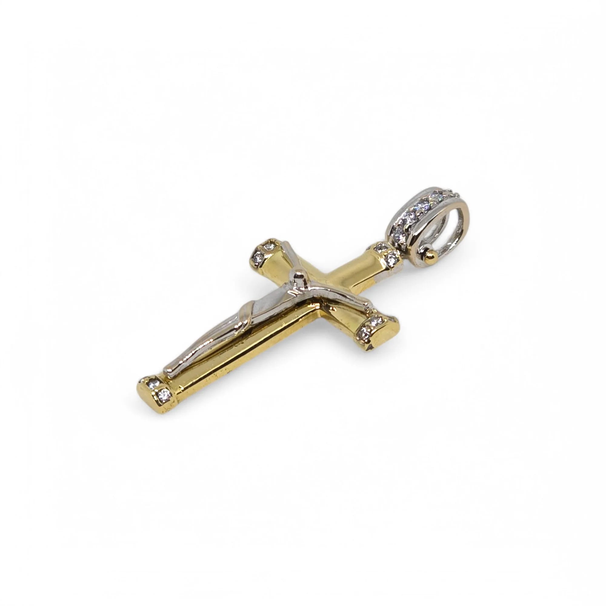 Ciondolo croce scatolata con cristo in oro giallo e bianco 18 kt