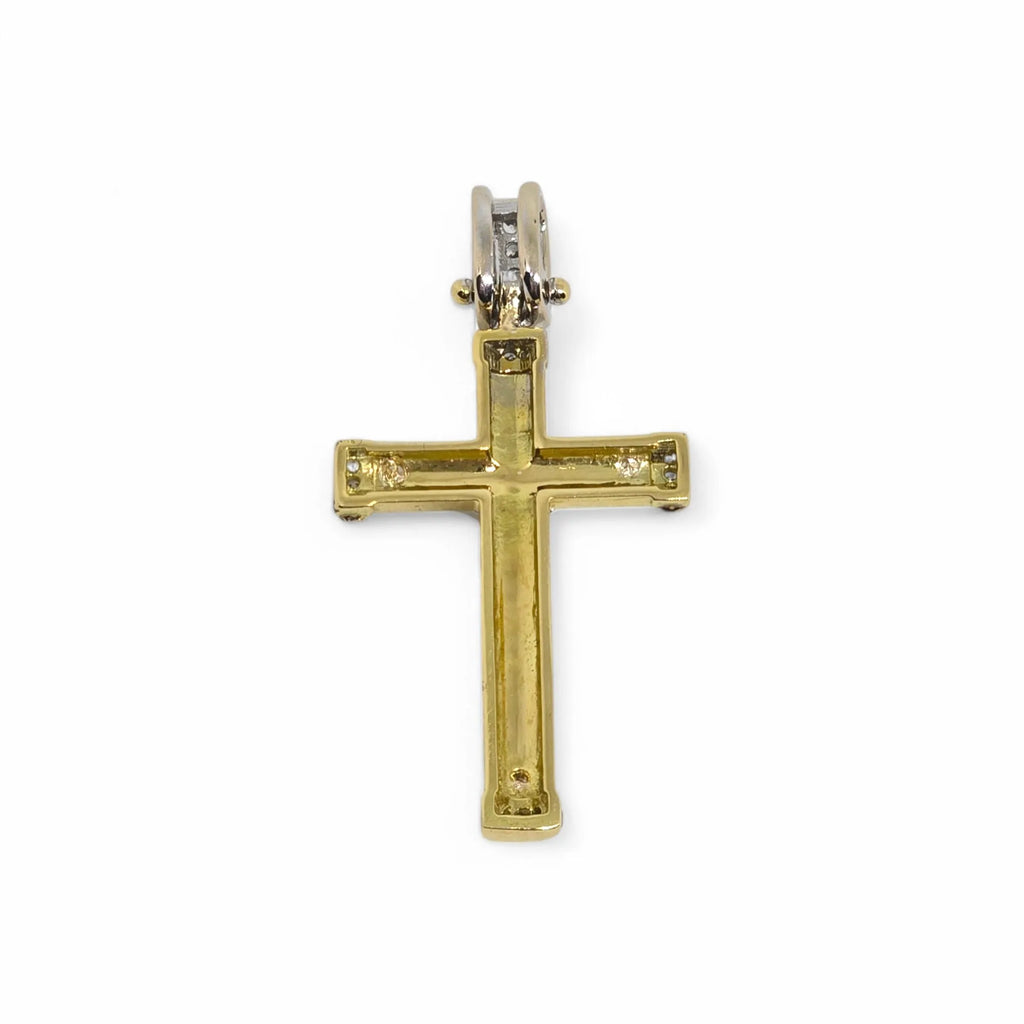 Ciondolo croce scatolata con cristo in oro giallo e bianco 18 kt