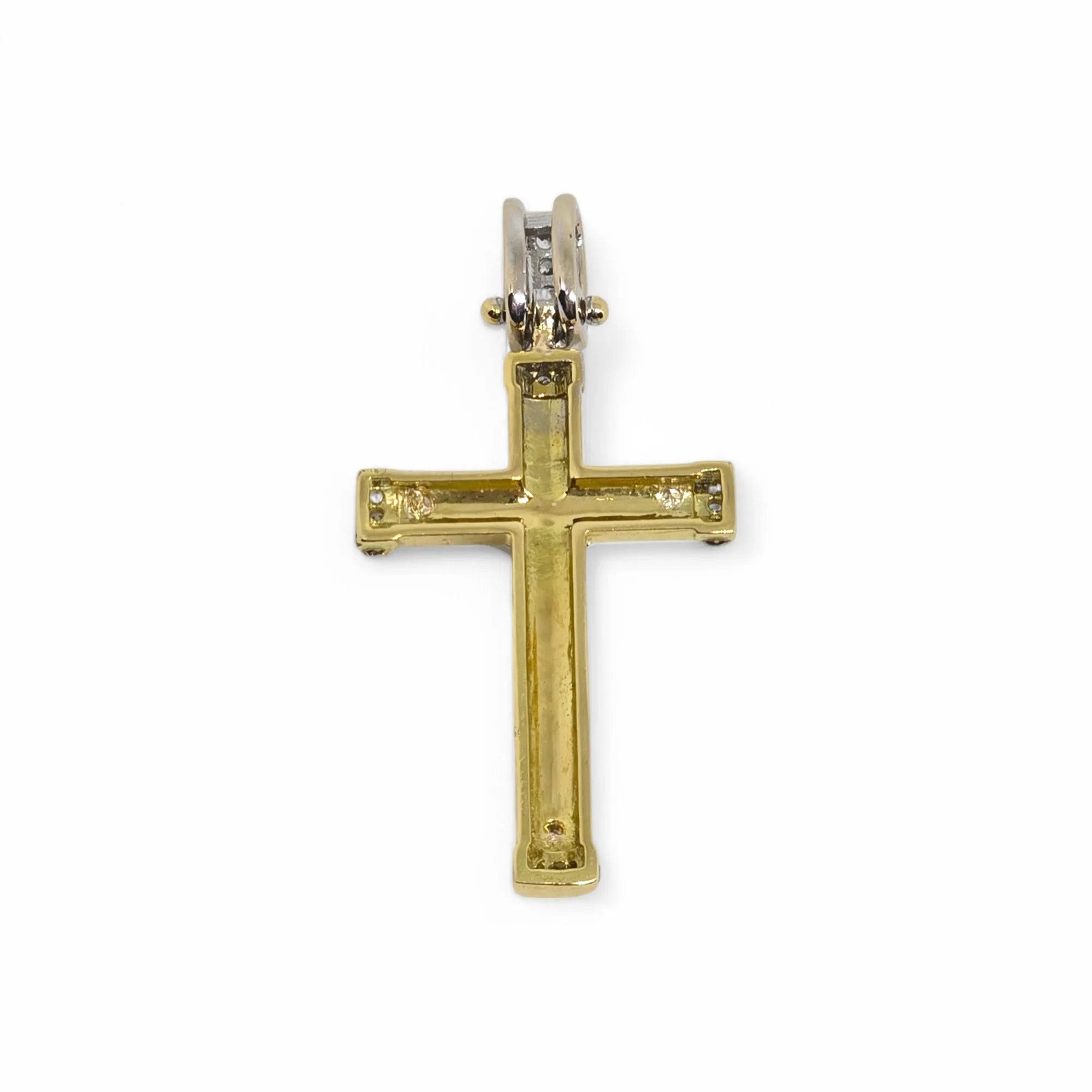 Ciondolo croce scatolata con cristo in oro giallo e bianco 18 kt