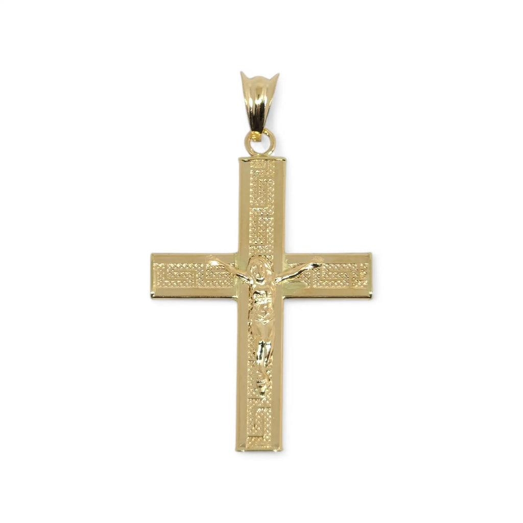 Ciondolo croce vuota con cristo a rilievo lavorata in oro giallo 18 kt