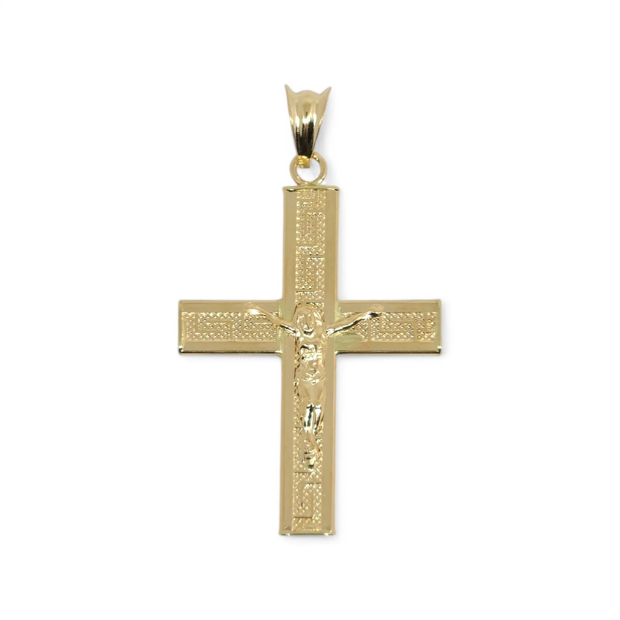 Ciondolo croce vuota con cristo a rilievo lavorata in oro giallo 18 kt