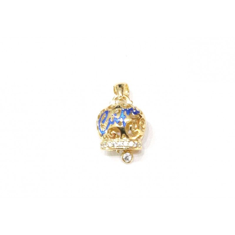 Ciondolo donna campanella capri traforata dorata con scritta blu in argento dorato
