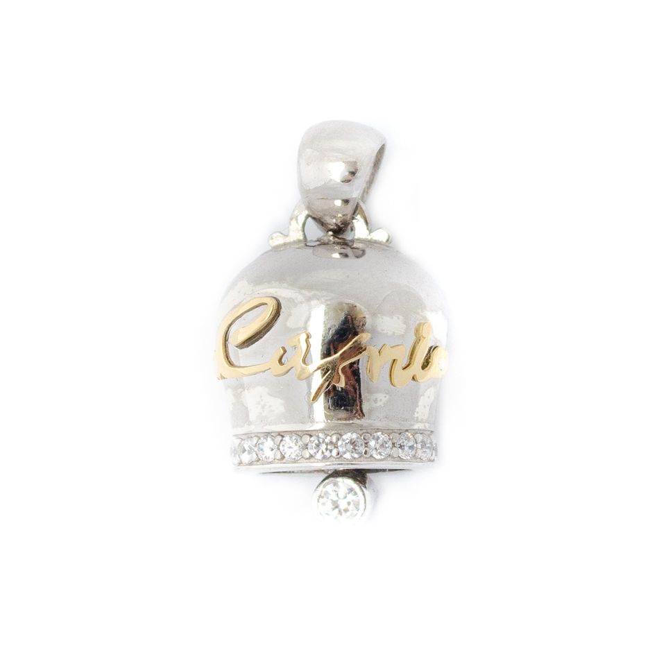 Ciondolo donna con Campanella della fortuna in argento 925, zirconi e lettering Capri in oro 18 kt