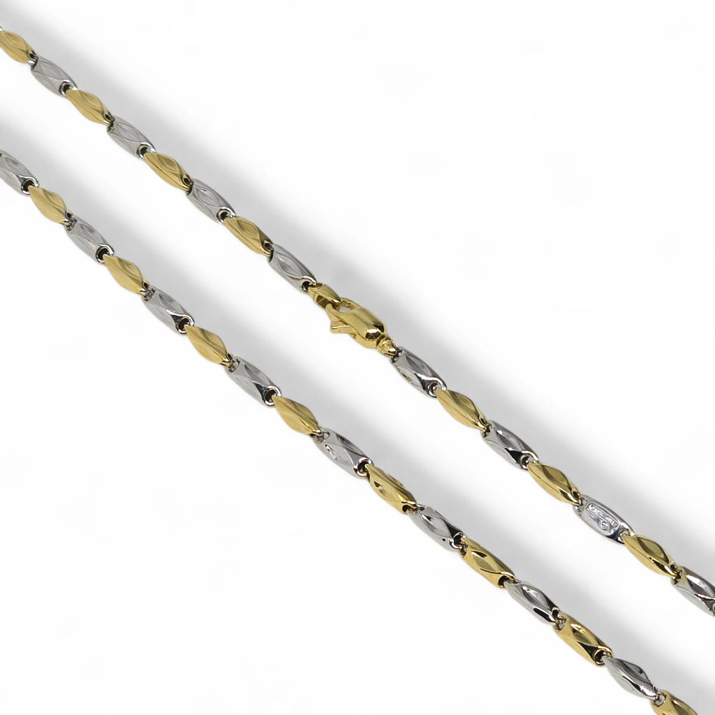 Collana bicolore in oro bianco e giallo 18 carati con maglia a catena geometrica