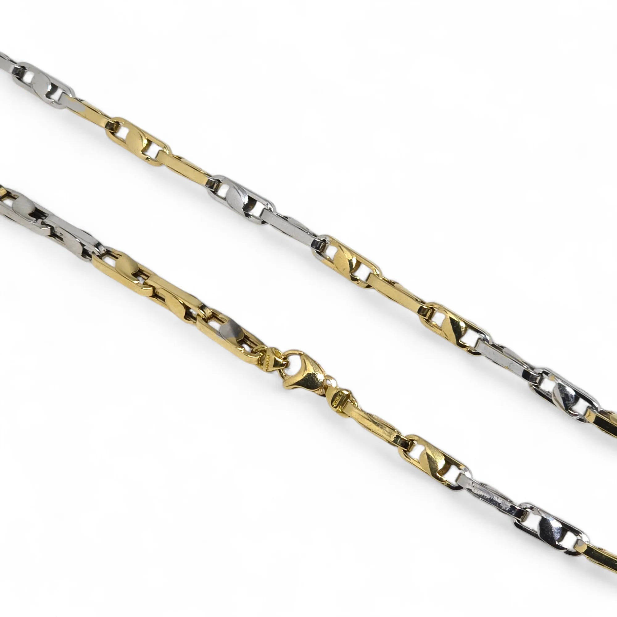 Collana bicolore in oro bianco e giallo 18 carati con maglia a catena geometrica