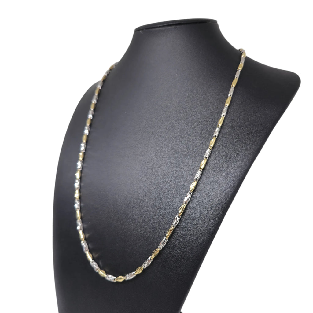 Collana bicolore in oro bianco e giallo 18 carati con maglia a catena geometrica