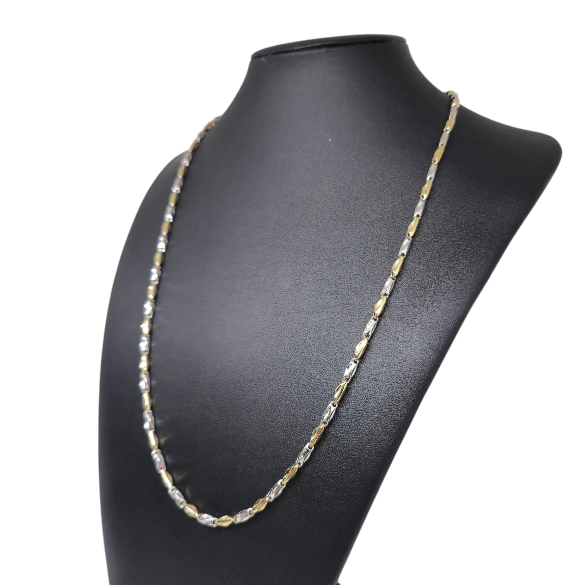 Collana bicolore in oro bianco e giallo 18 carati con maglia a catena geometrica