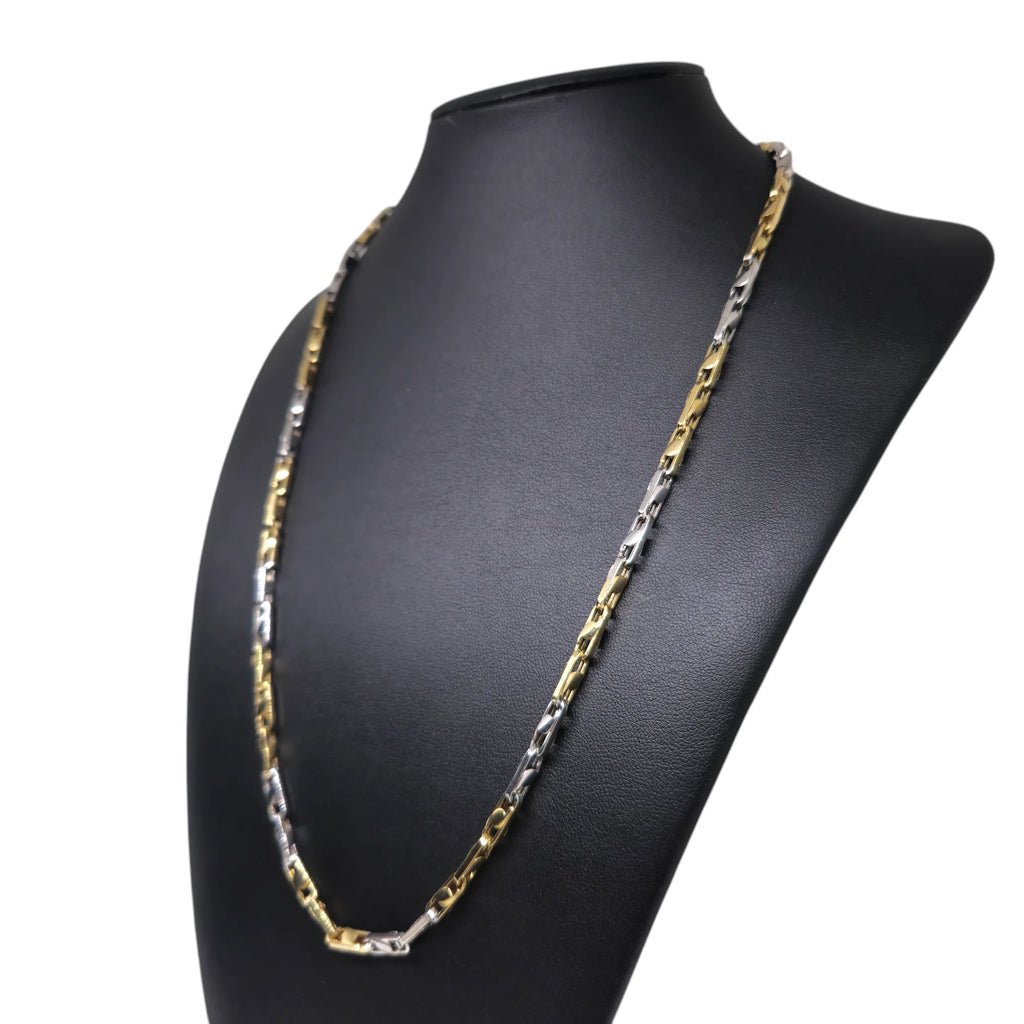 Collana bicolore in oro bianco e giallo 18 carati con maglia a catena geometrica