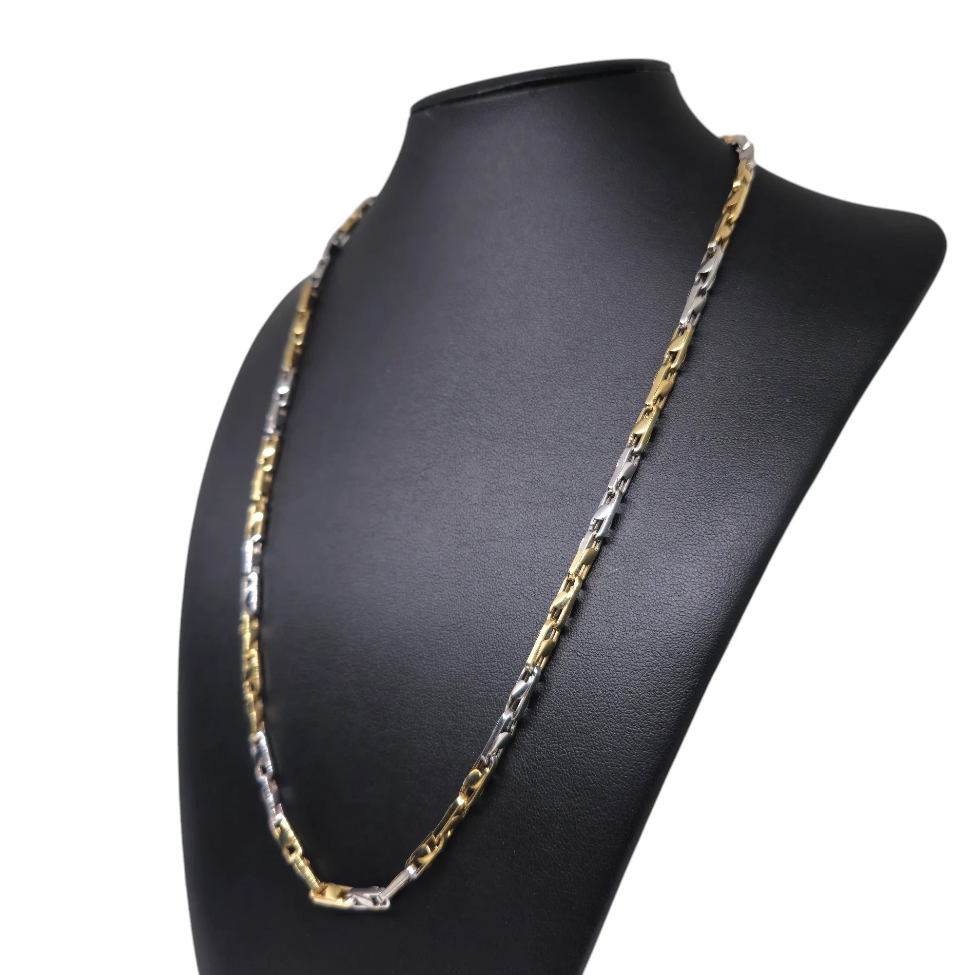 Collana bicolore in oro bianco e giallo 18 carati con maglia a catena geometrica