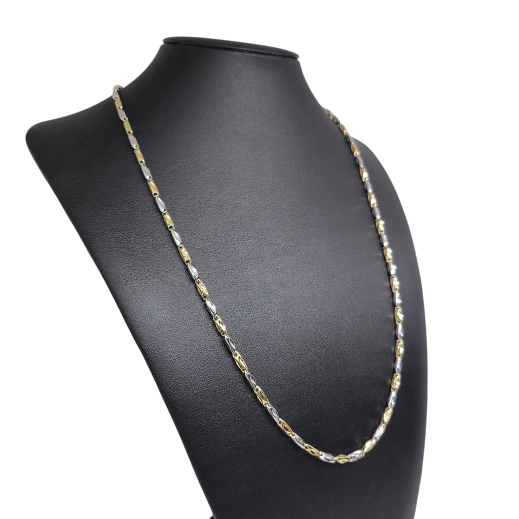 Collana bicolore in oro bianco e giallo 18 carati con maglia a catena geometrica