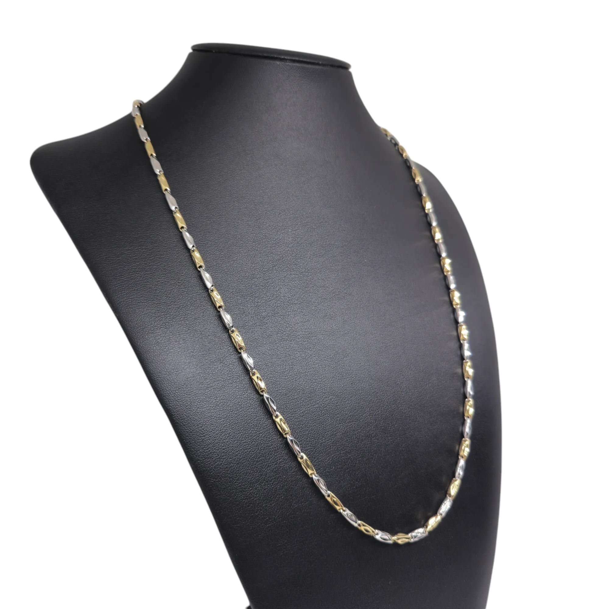 Collana bicolore in oro bianco e giallo 18 carati con maglia a catena geometrica