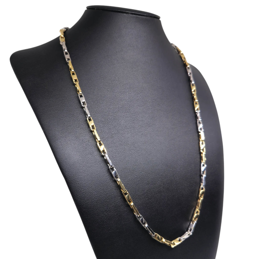 Collana bicolore in oro bianco e giallo 18 carati con maglia a catena geometrica