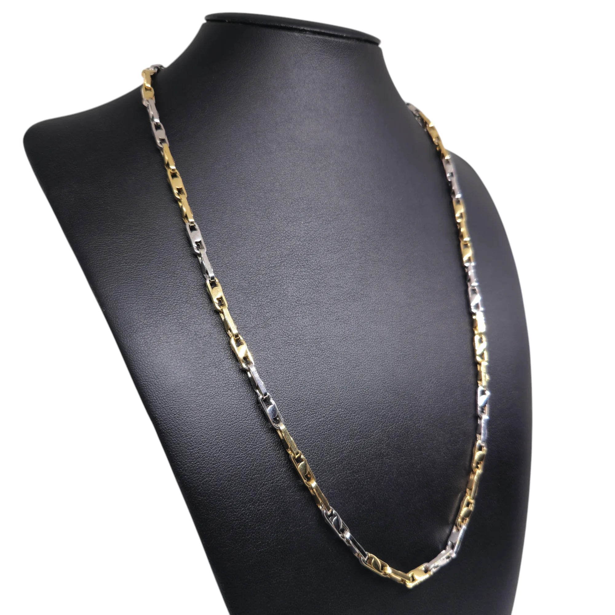 Collana bicolore in oro bianco e giallo 18 carati con maglia a catena geometrica