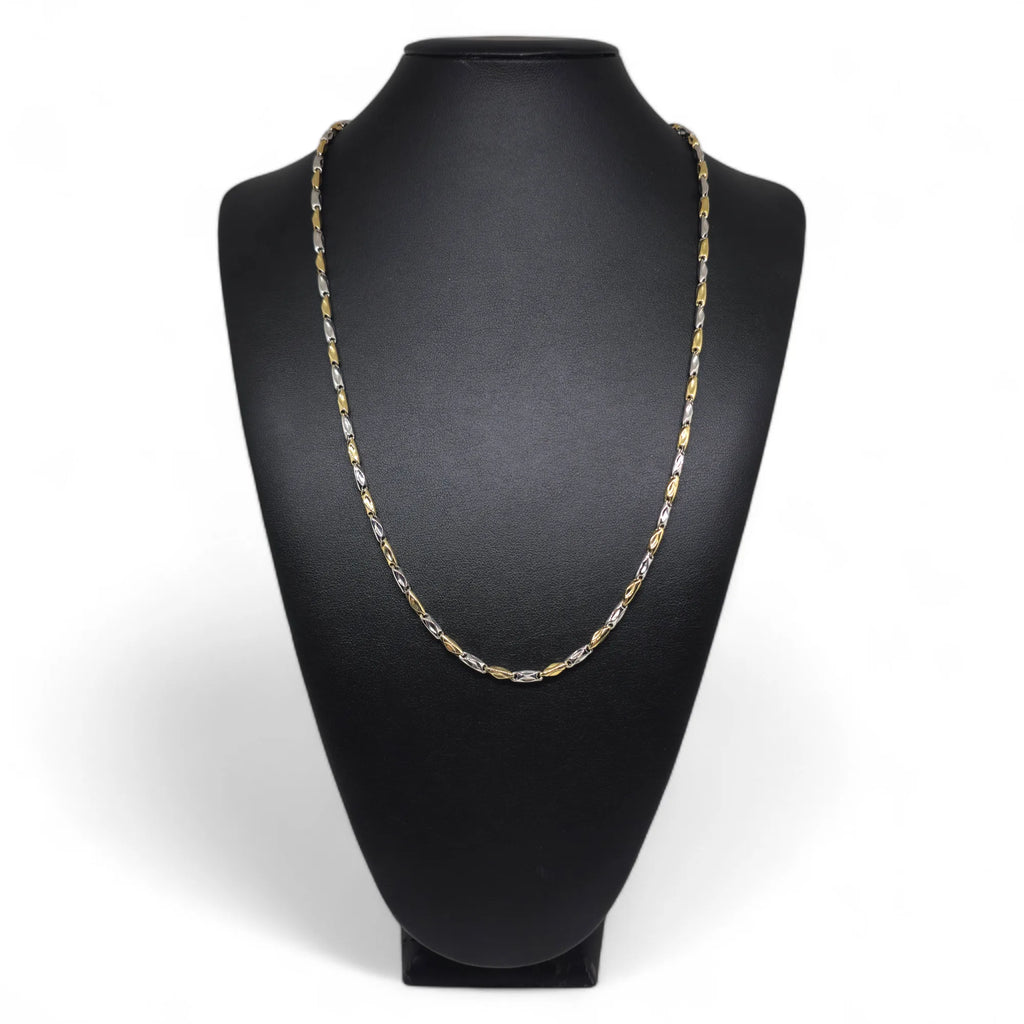 Collana bicolore in oro bianco e giallo 18 carati con maglia a catena geometrica