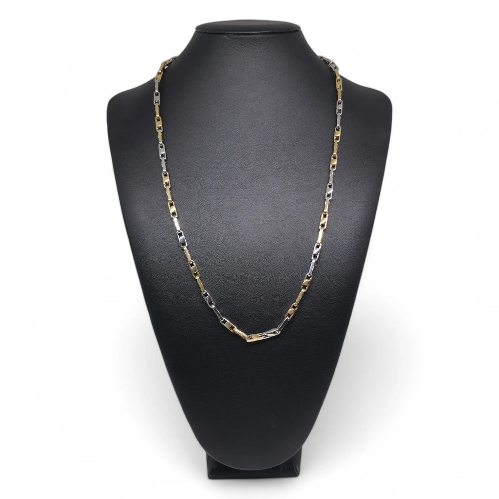 Collana bicolore in oro bianco e giallo 18 carati con maglia a catena geometrica
