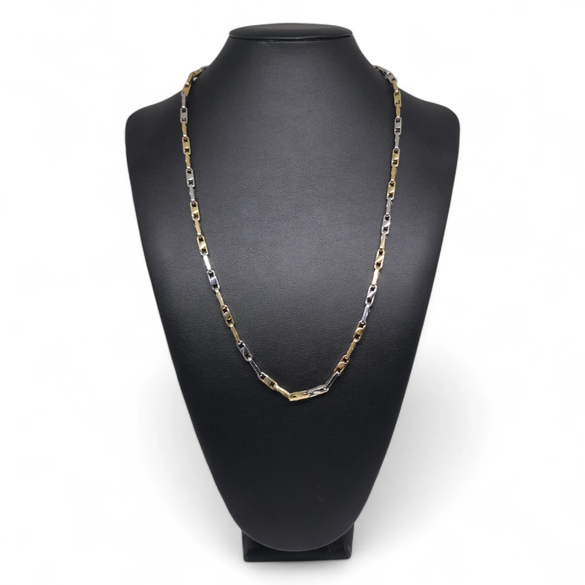 Collana bicolore in oro bianco e giallo 18 carati con maglia a catena geometrica