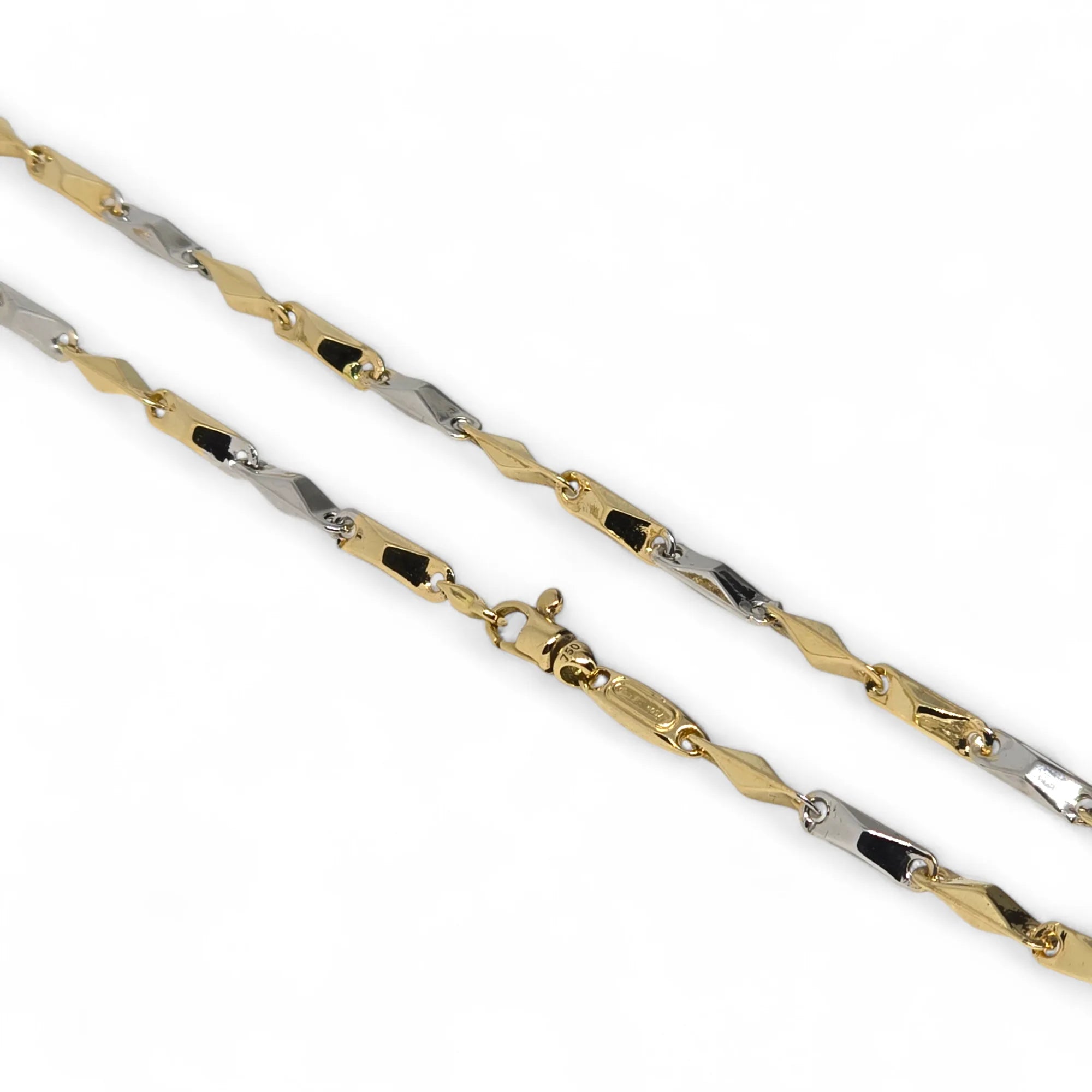Collana bicolore in oro bianco e giallo 18 carati con maglia geometrica
