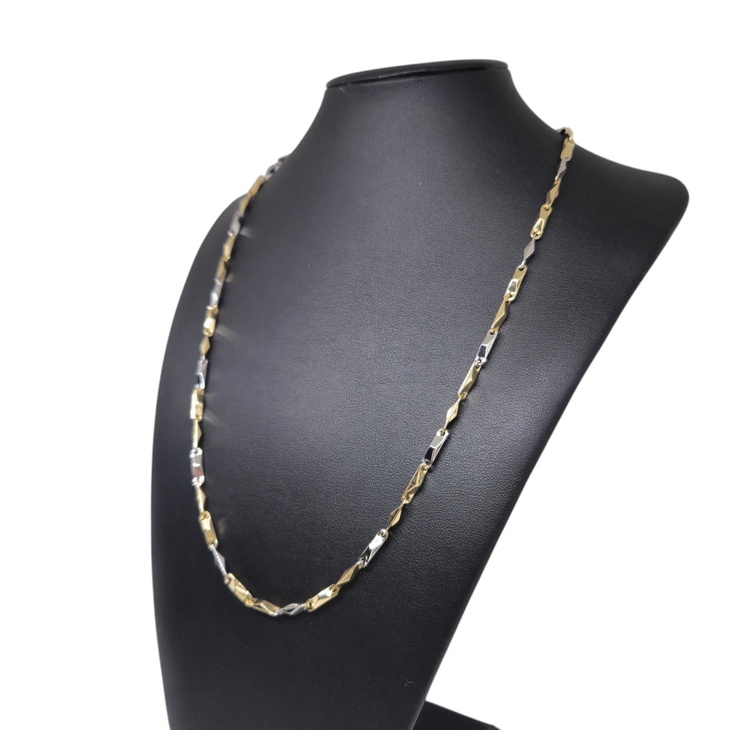 Collana bicolore in oro bianco e giallo 18 carati con maglia geometrica
