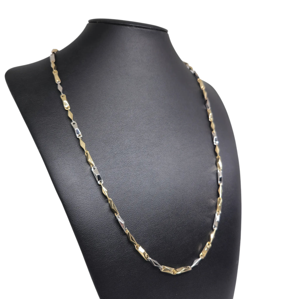 Collana bicolore in oro bianco e giallo 18 carati con maglia geometrica
