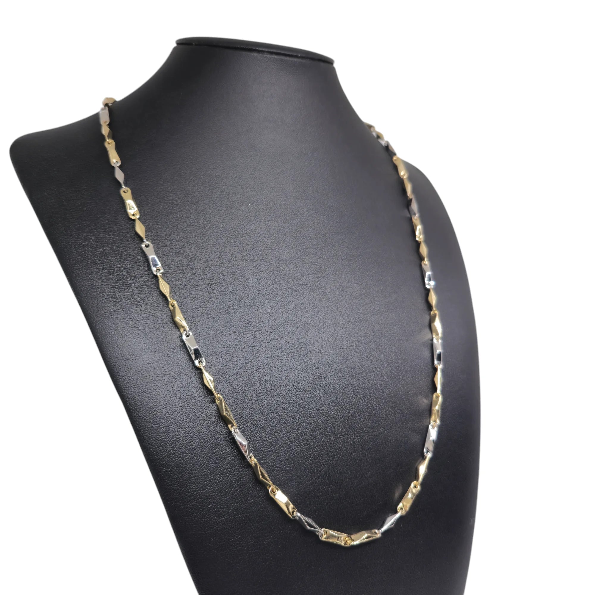 Collana bicolore in oro bianco e giallo 18 carati con maglia geometrica