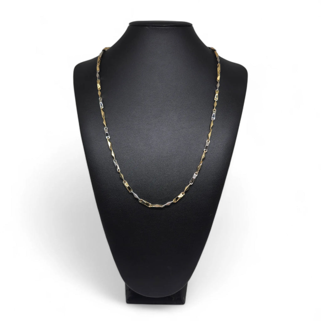 Collana bicolore in oro bianco e giallo 18 carati con maglia geometrica